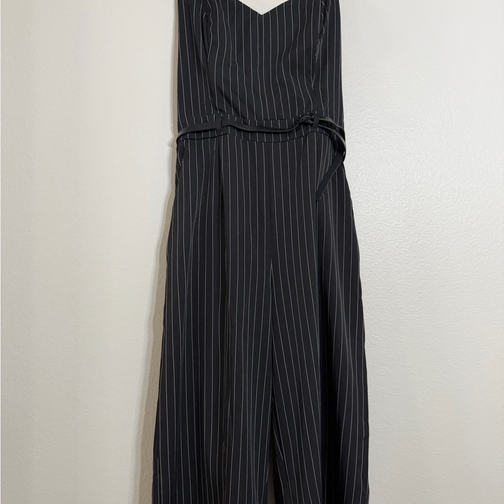 Elegant Black Pinstripe belted Jump suit